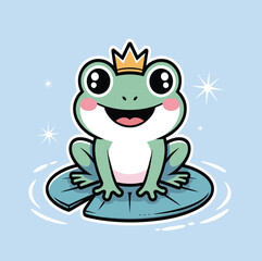 A cartoon frog with big eyes wearing a golden crown sitting on a lily pad with a light blue background