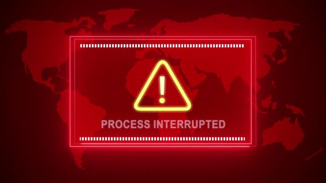 Process interrupted warning. Cybersecurity defense and system protection from hackers, secure digital systems, cyberattack prevention. Digital security and risk control.