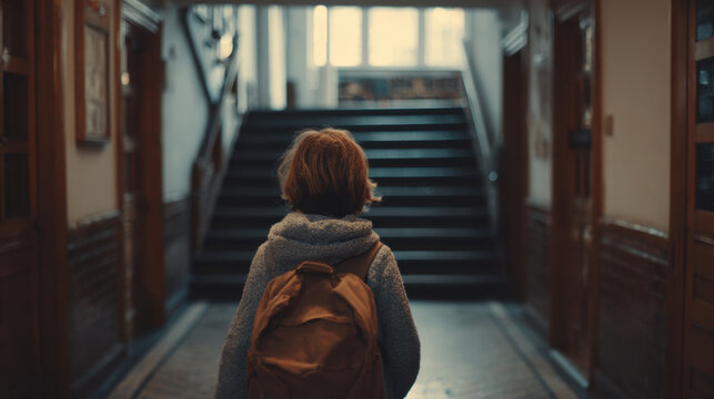 Child walking away towards staircase in a school hallway with wooden walls and natural light illuminating the space creating a calm and inviting atmosphere.