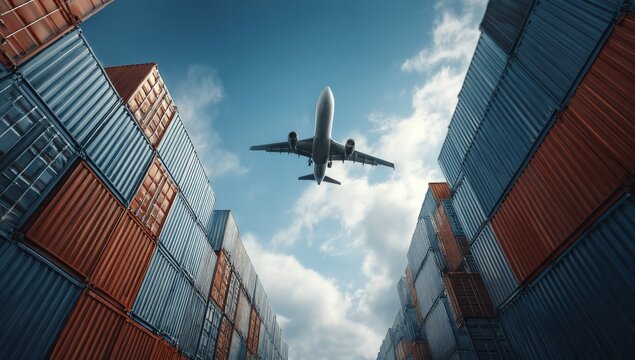 A plane flying over shipping containers, ground-up view against blue sky, wide-angle, photorealistic, shot on Sony Alpha A7 III, transport and global logistics concept.