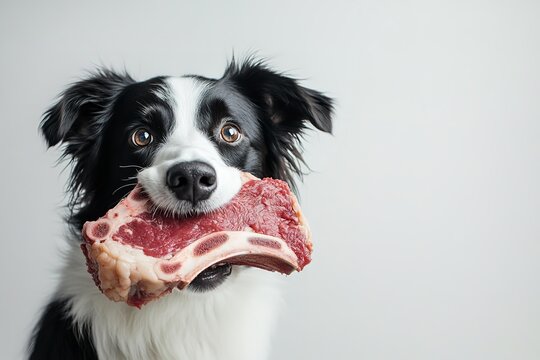 Border Collie holding raw steak in its mouth
