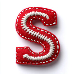 Red felt letter "S" with white whip stitching, clean and bold on white, craft meets minimal detail.