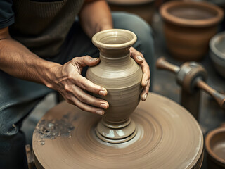 Closeup of artisan hands skillfully crafting a ceramic vase on a potter's wheel, demonstrating traditional pottery making and craftsmanship.
