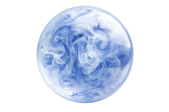 Abstract art depicting a translucent sphere filled with swirling blue and white smoke. background removed - Powered by Adobe