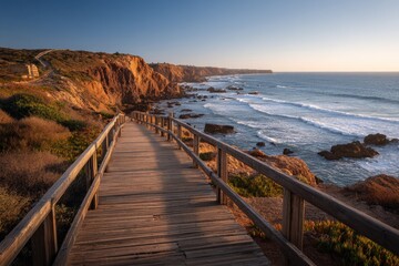 Fototapeta premium Panoramic view of a wooden boardwalk leading to the top of Algarve cliffs in Portugal, overlooking the ocean at sunset with rugged rocks, warm sunlight, and serene atmosphere, captured in high resolut