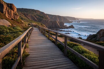 Fototapeta premium Panoramic view of a wooden boardwalk leading to the top of Algarve cliffs in Portugal, overlooking the ocean at sunset with rugged rocks, warm sunlight, and serene atmosphere, captured in high resolut