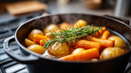 Autumn kitchen scene with vegetables boiling in large pot