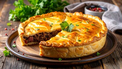 Delicious savory pie on a wooden board