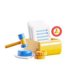 3D Render of Gavel Documents and Coins Representing Legal and Financial Concepts
