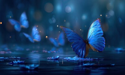 Blue butterflies on dark water (1)
