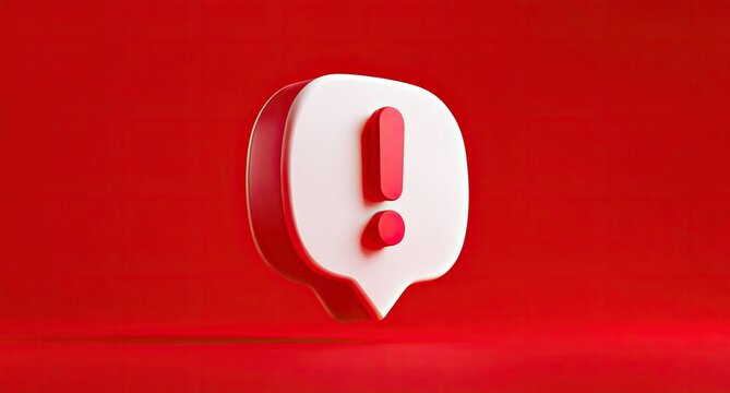 3D rendered exclamation bubble on a red background. A simple, modern design