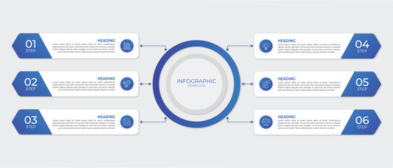 Modern 6-step infographic template with gradient blue elements, icons, and central circle design. Perfect for workflow, business process, and data visualization.