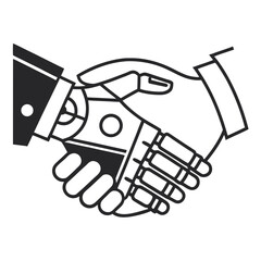 A simple black and white icon representing the integration of automation and human resources, showing a handshake between a person and a cyborg for workflow optimization