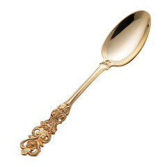 Ornate golden spoon with a detailed handle, isolated on a transparent background. background removed