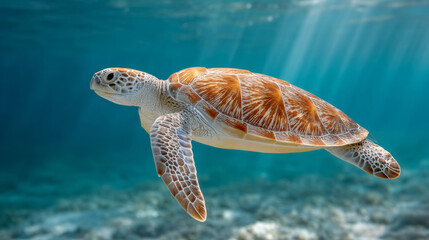Obraz premium Sea turtle gliding gracefully toward sunlit ocean surface in tranquil waters