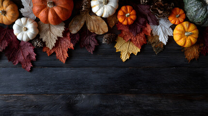 Autumn leaves and flowers arranged on a wooden table with vibrant fall colors