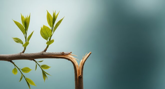 Fresh green leaves sprout from a broken branch, symbolizing resilience and new beginnings against a soft, blurred background.