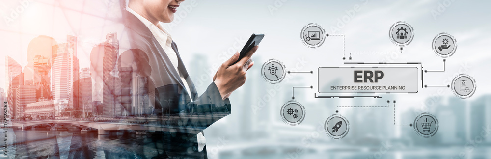 Poster erp platform visual showing centralized system for enterprise resource planning, improving integrati