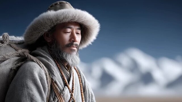 Tibetan Elderly with Determined Eyes Against Snowy Mountains