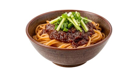 Food photography of a single bowl of Zhajiangmian. A perfectly composed dish with noodles, dark sauce, and fresh toppings, ready for a menu or poster design.