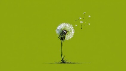 A solitary dandelion on a lime green background