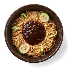 A clean and simple food template featuring a bowl of Chinese Zhajiangmian, viewed directly from above. The perfect square format for social media and modern layouts.