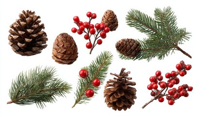Fototapeta premium A set of pine branches, cones, and red berries isolated on a white background. Christmas decorations flat lay, hand-drawn oil painting cartoon style, vector PNG, high detail,