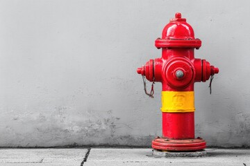 Red fire hydrant against a light gray wall
