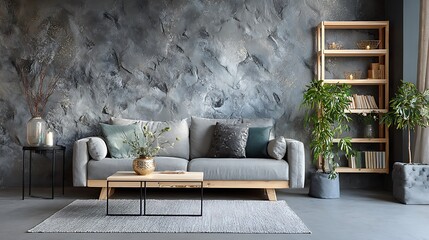 Modern Cozy Living Room with Grey Stone Accent Wall