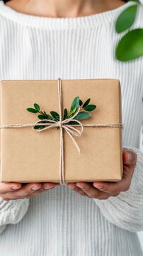 Hands presenting ecofriendly gift box with greenery decoration in gentle motion