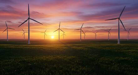 Obraz premium A scenic sunset illuminates a field of wind turbines. The majestic structures stand tall amidst a backdrop of vibrant colors.