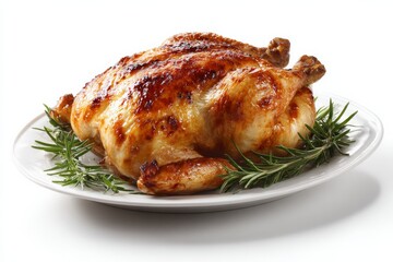 Whole roasted chicken on elegant white platter, isolated on clean background, golden-brown skin, fresh herbs, some pieces cut to reveal juicy texture, high-quality detailed food photography.
