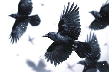 Naklejka premium Flock of ravens in flight against white sky with shimmering light center raven is the focal point
