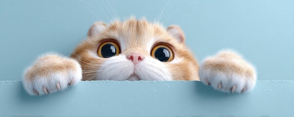 Cute ginger cat peeking over a light blue surface