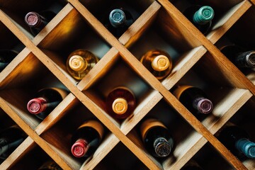 Wine bottles neatly arranged in a wooden wine rack