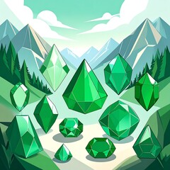 Emerald gems against a mountain landscape