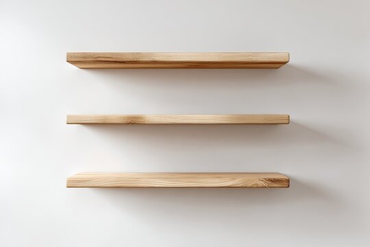 Three light-toned wooden shelves mounted on a white wall
