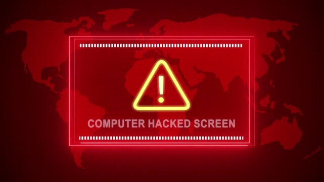 Computer hacked screen warning. Cybersecurity defense and system protection from hackers, secure digital systems, cyberattack prevention. Digital security and risk control.