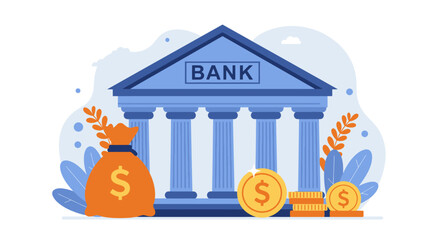 Modern flat illustration of a neoclassical bank building with columns, a money bag, and gold coins, symbolizing financial services and wealth.