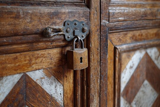 Aged wooden door with a padlock
