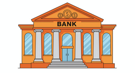 Fototapeta premium A classic bank building facade with imposing columns and the word BANK prominently displayed, symbolizing financial institutions and services.