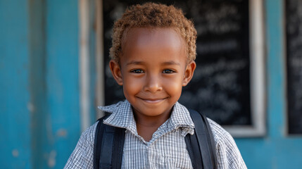 Smiling child with curly hair wearing a checkered shirt and backpack standing in front of a colorful wall with chalkboard background in a warm outdoor setting.