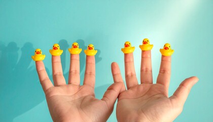 Funny Fingers with Cute Rubber Ducks on Turquoise Background