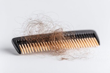 A black plastic comb with a tangle of brown hair