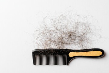 A black comb with a yellow handle lies on a white surface, surrounded by loose strands of dark brown hair