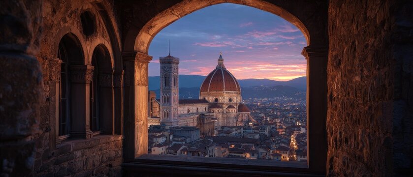 Cityscape panorama through an arched window at sunset