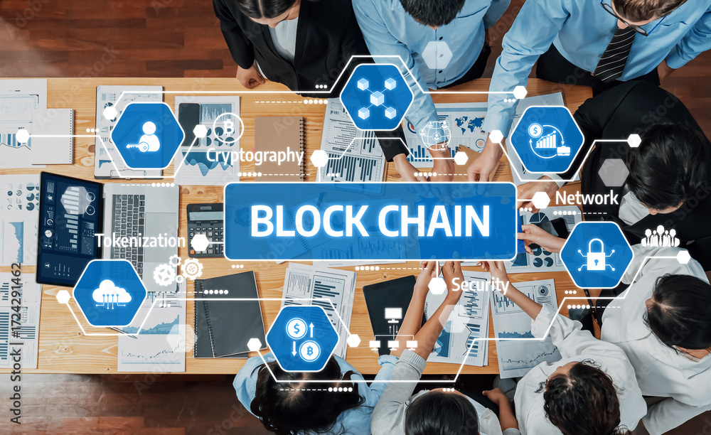 Poster a group of professionals collaborates on blockchain technology, featuring charts, laptops, and icons