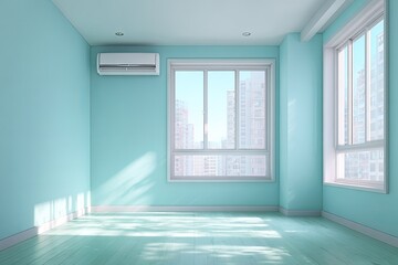 Fototapeta premium Empty light teal room with city view