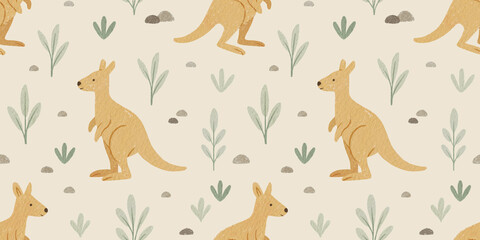 Kangaroo pattern with plants and rocks on a background. Seamless print for fabrics, clothes etc