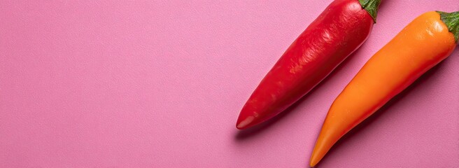 Two vibrant peppers against a bold pink backdrop